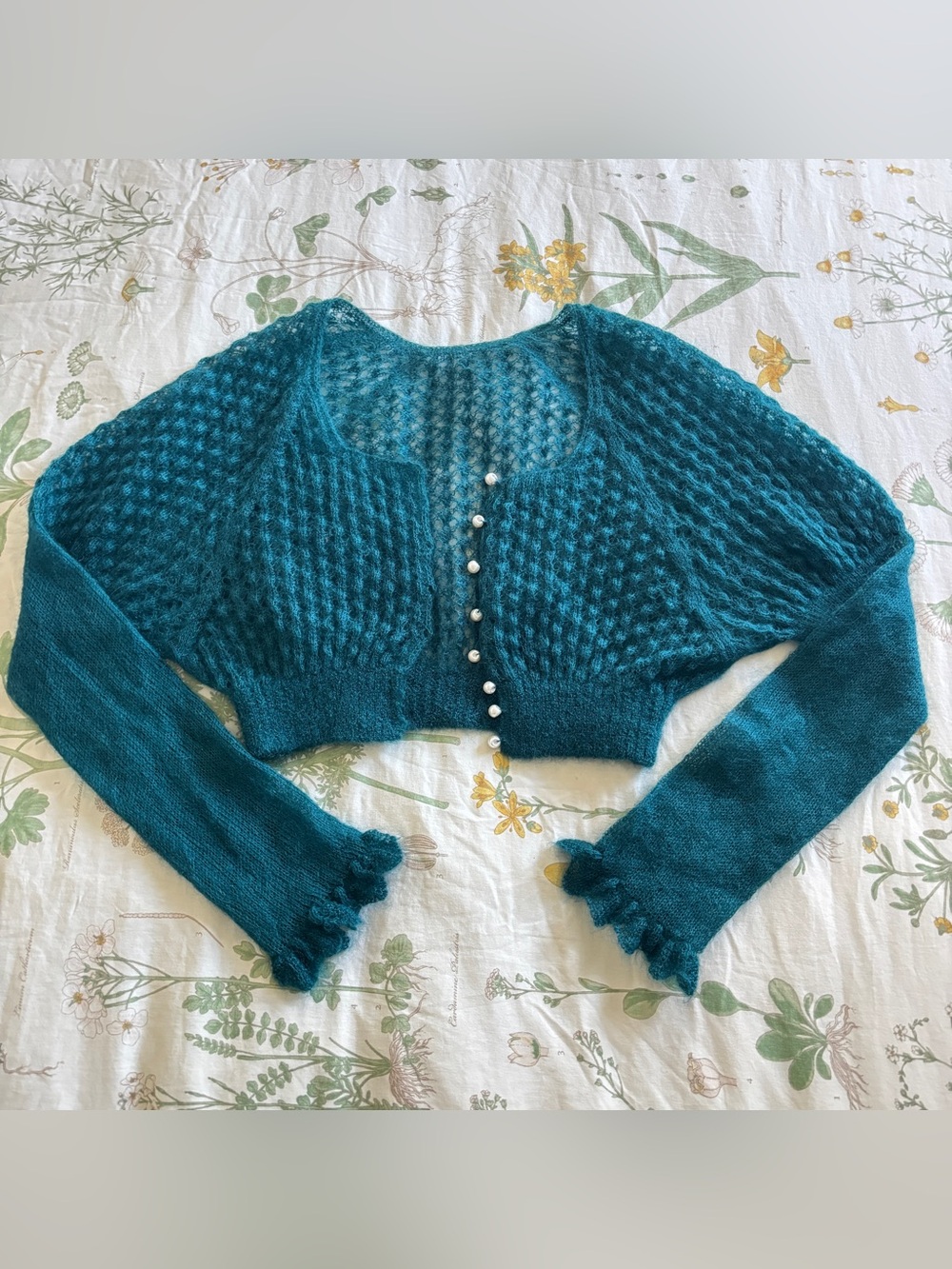 Vintage Japanese CROLLA Teal Mohair Knit Cropped Shrug Cardigan Sweater
